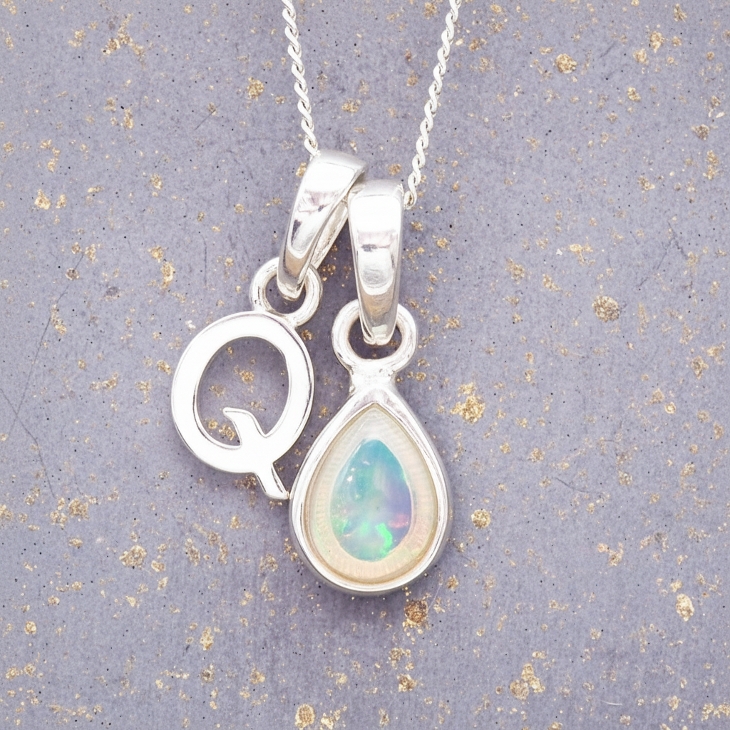 Sterling Silver 'Q' initial pendant with a teardrop-shaped opal stone on a textured gray background