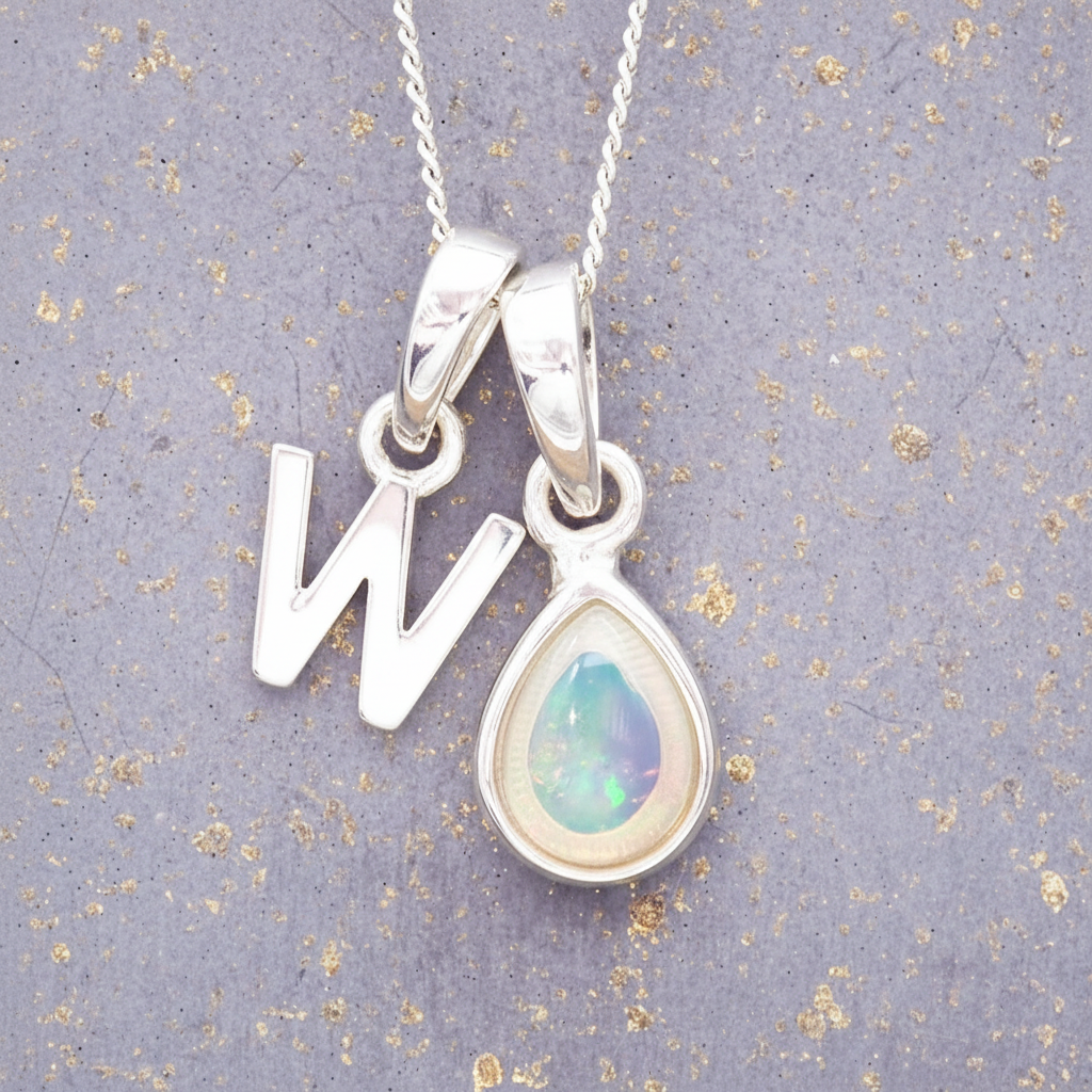 Silver necklace with 'W' pendant and opal teardrop on a textured gray background
