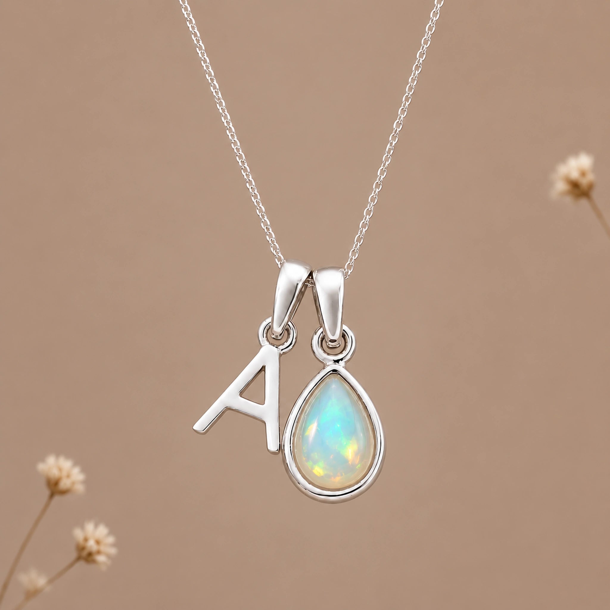 Silver A initial and October birthstone opal necklace