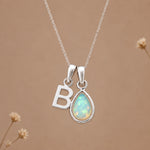 Silver B initial and October birthstone opal necklace