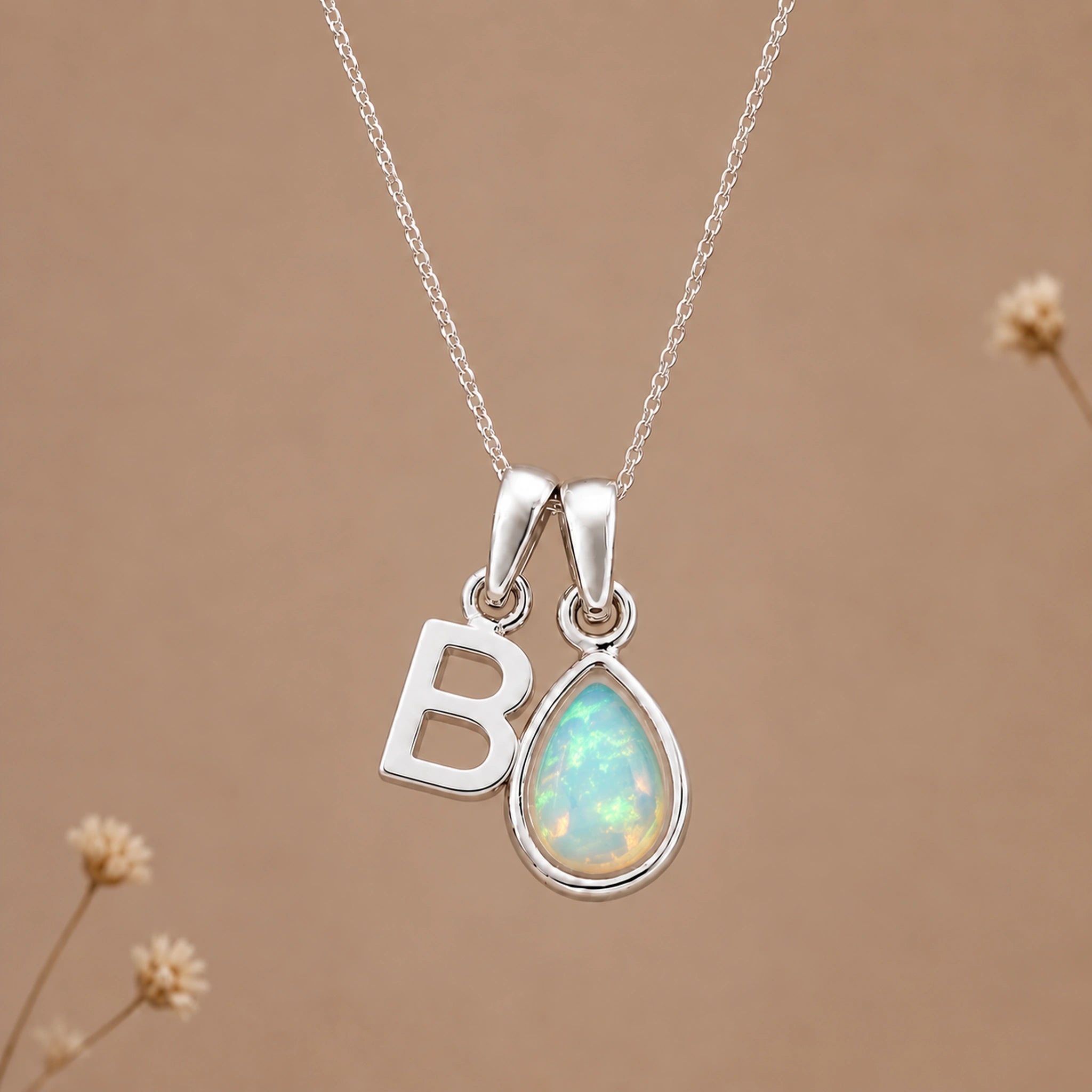 Silver B initial and October birthstone opal necklace