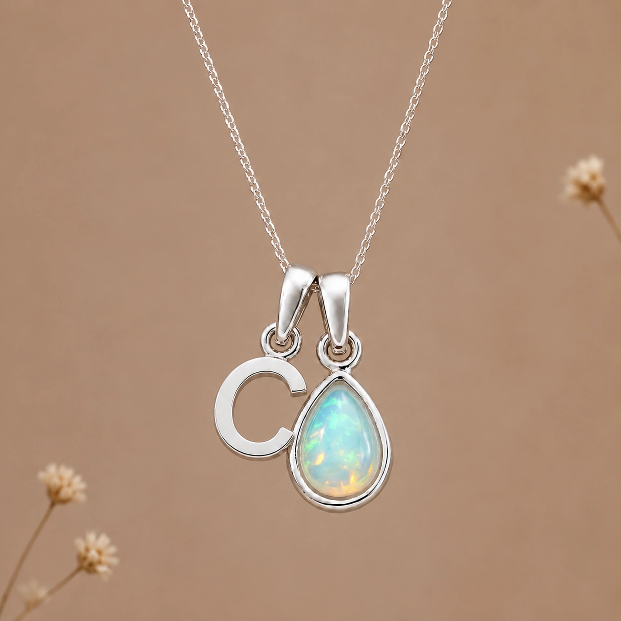 Silver C initial and October birthstone opal necklace