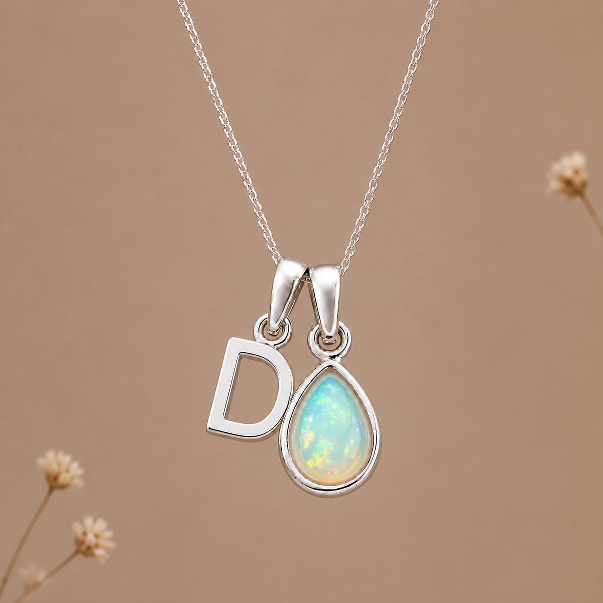 Silver D initial and October birthstone opal necklace