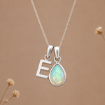Silver E initial and October birthstone opal necklace