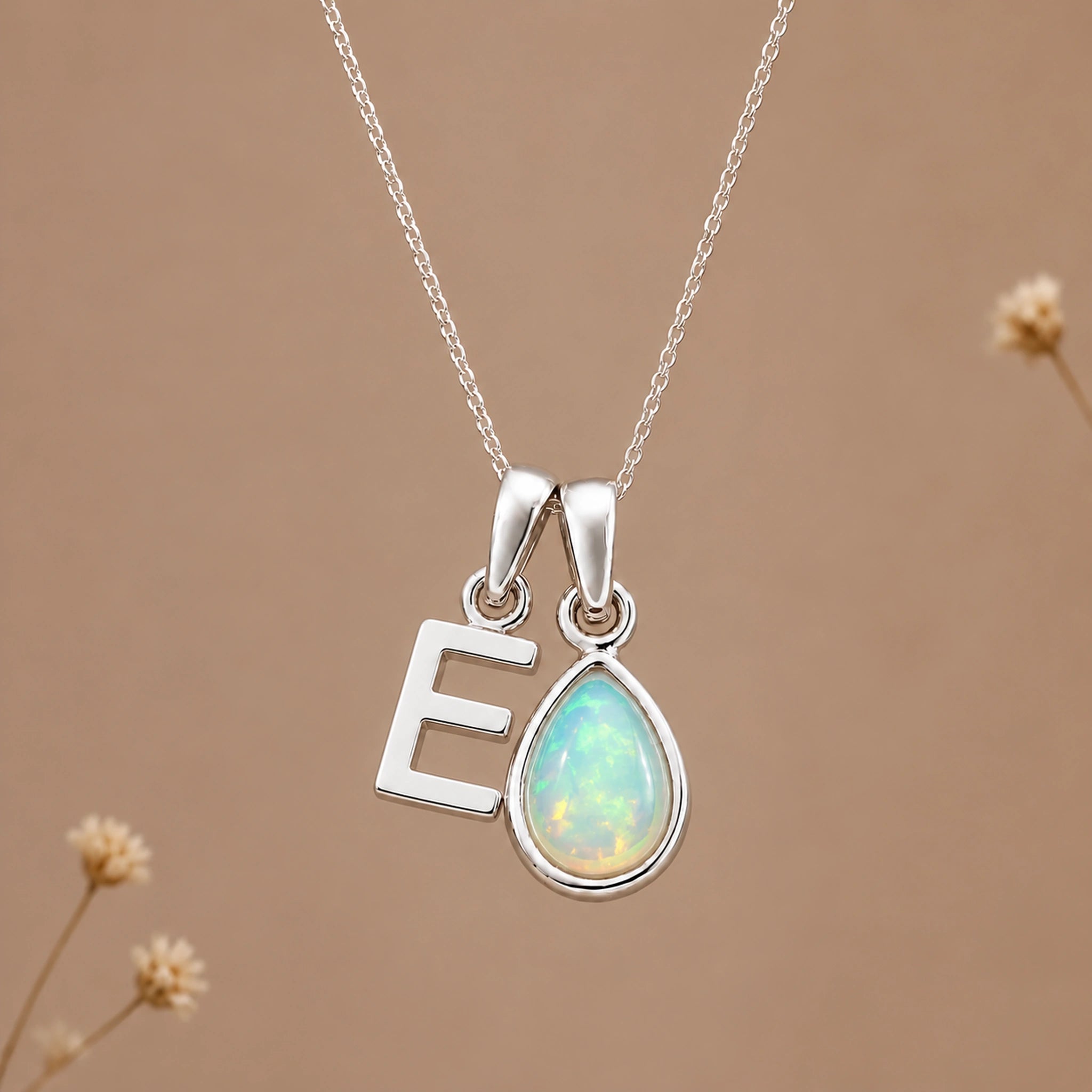 Silver E initial and October birthstone opal necklace