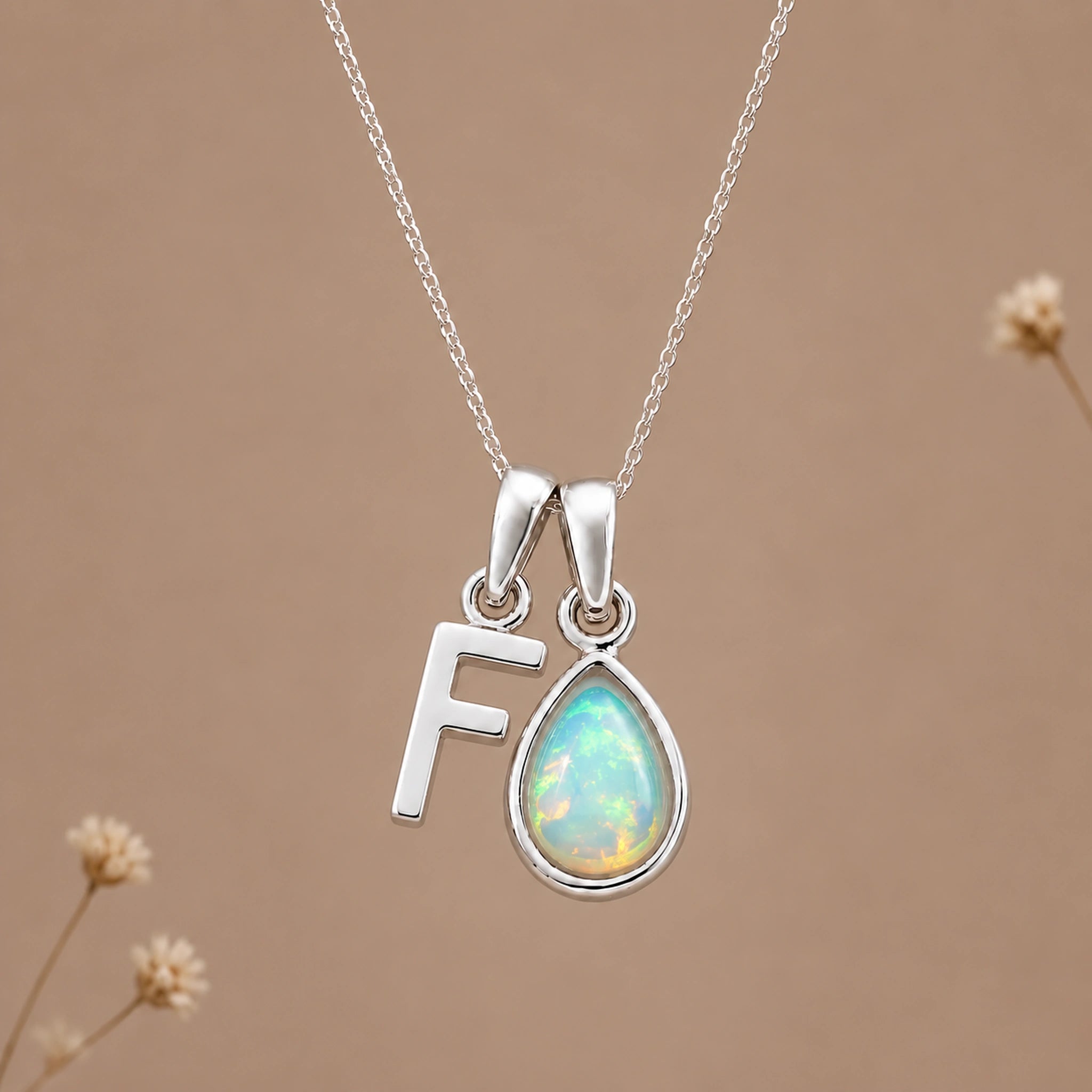 Silver F initial and October birthstone opal necklace
