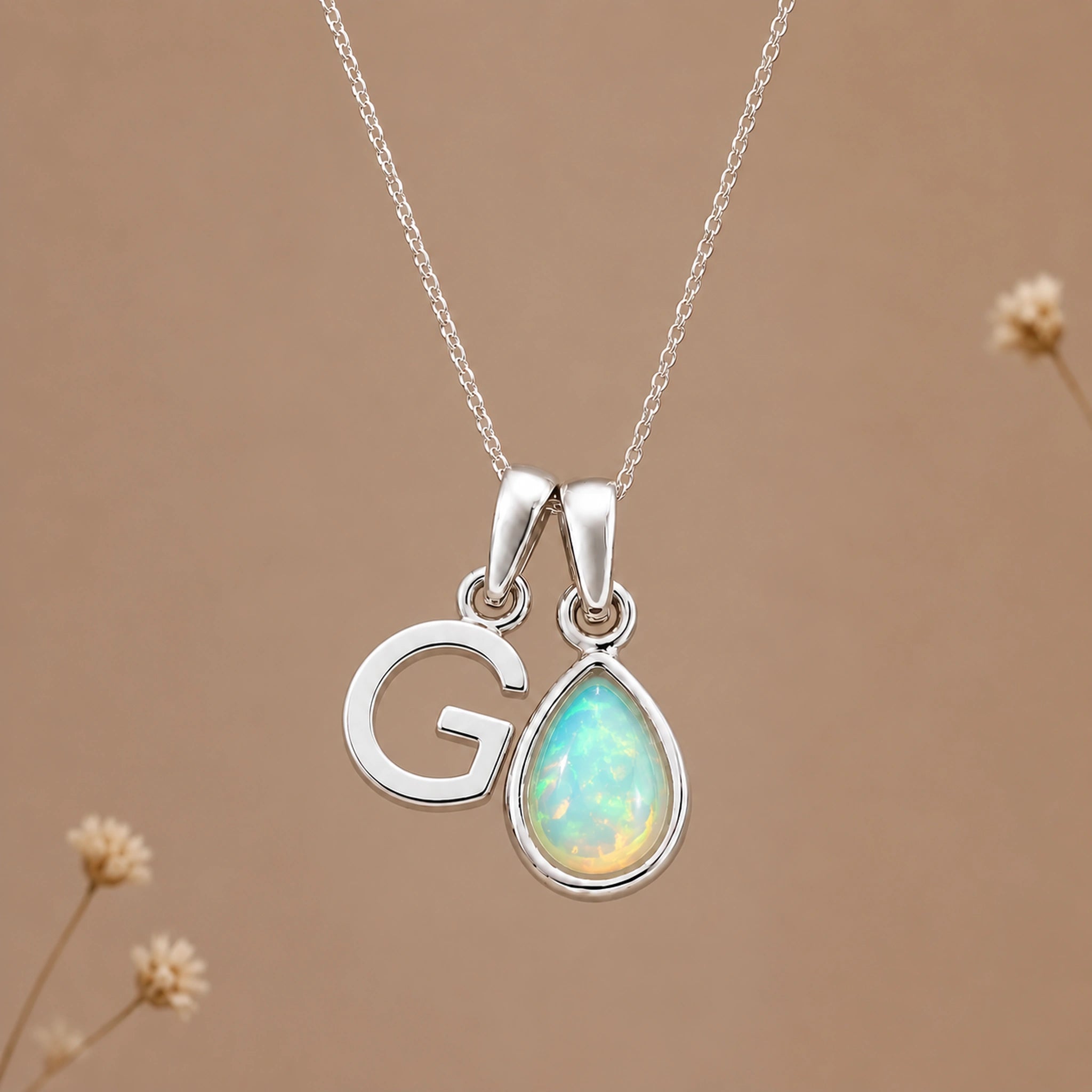 Silver G initial and October birthstone opal necklace