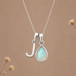 Silver J initial and October birthstone opal necklace