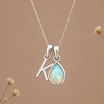 Silver K initial and October birthstone opal necklace