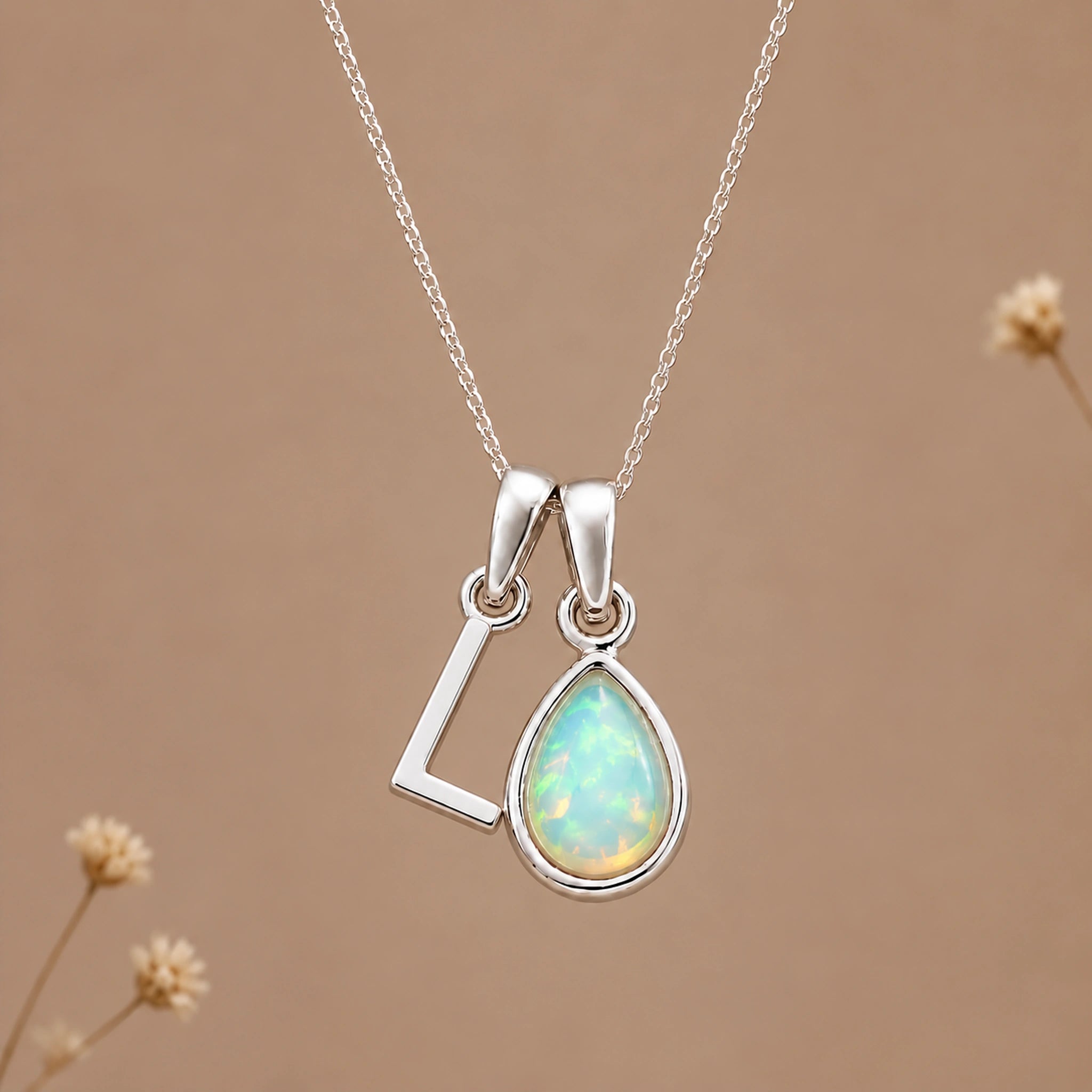 Silver L initial and October birthstone opal necklace