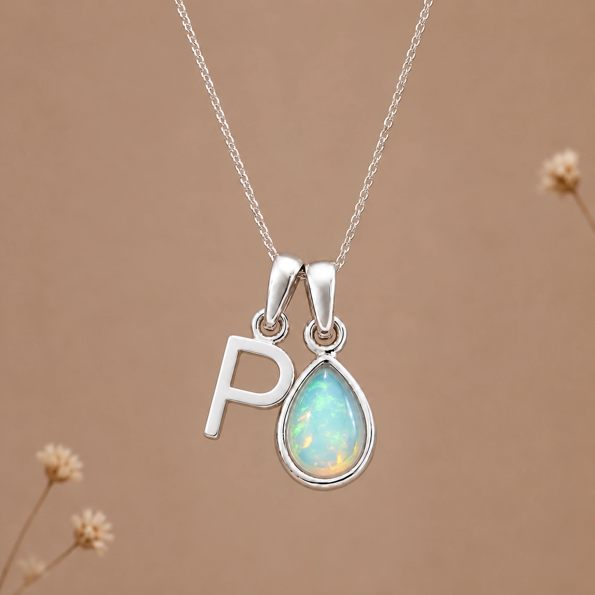 Silver P initial and October birthstone opal necklace