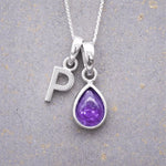 Sterling Silver February birthstone Necklace with a pear-shaped natural Amethyst gemstone pendant and letter 'P' charm