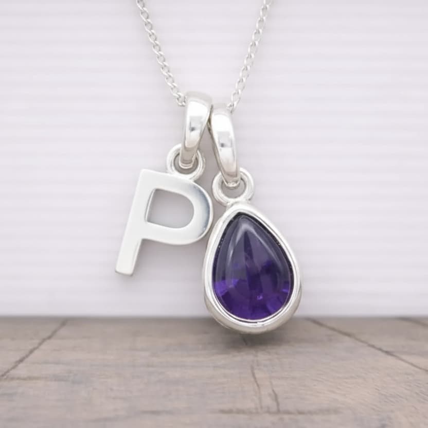 Silver Initial and February Birthstone Amethyst Necklace