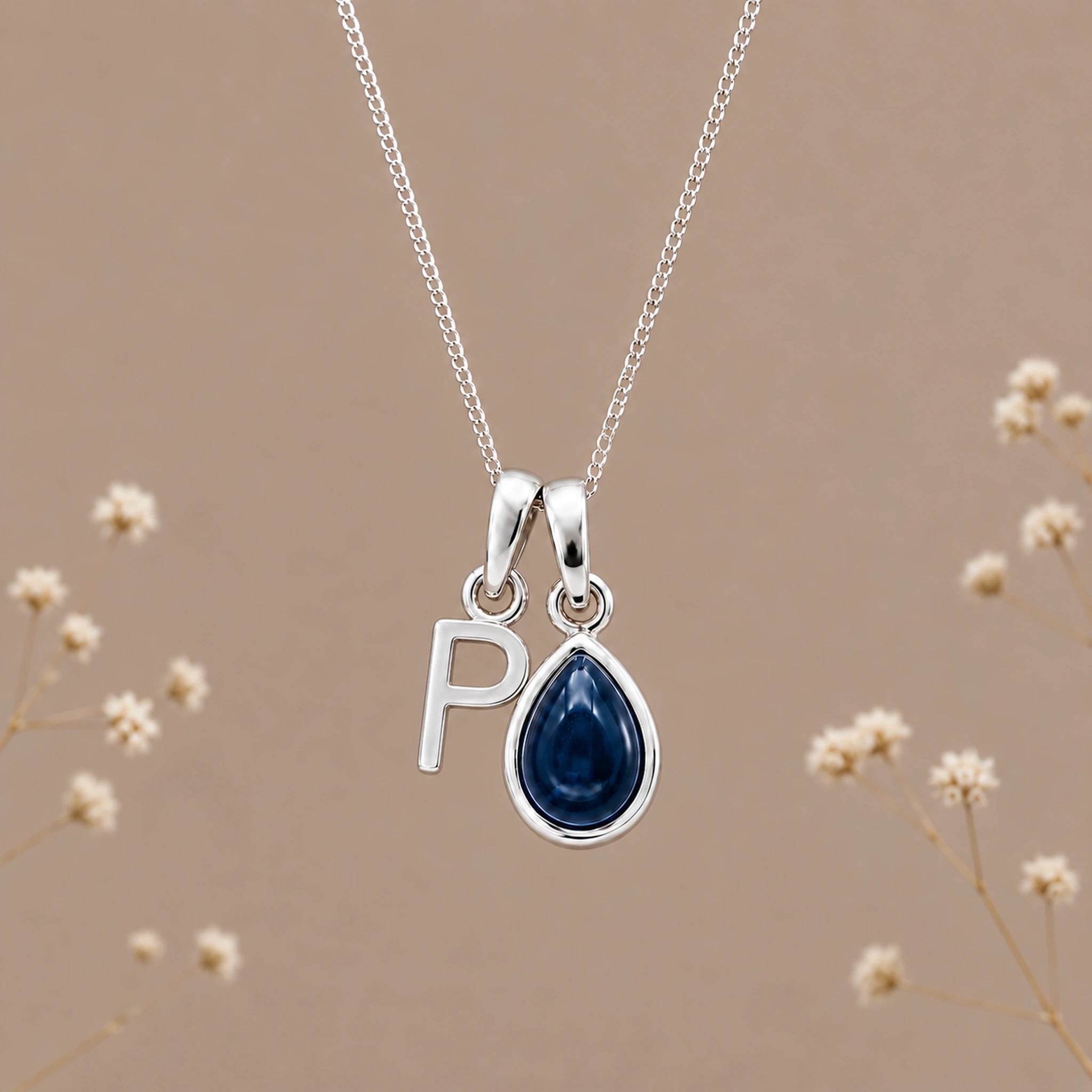 Sterling silver initial P and natural September sapphire necklace