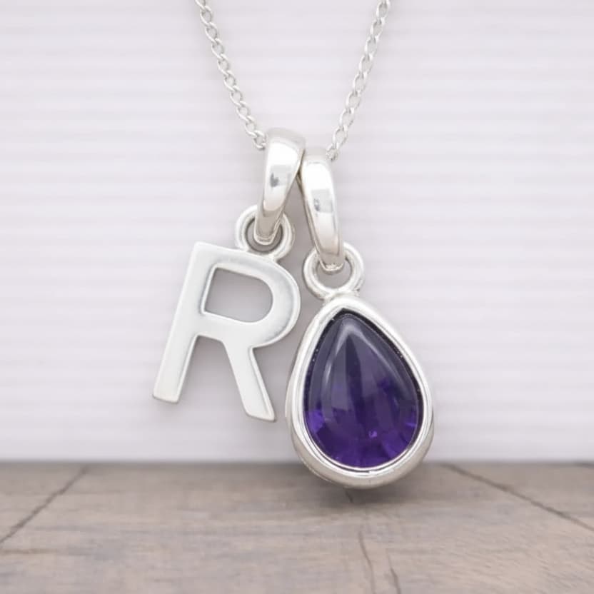 Silver Initial and February Birthstone Amethyst Necklace
