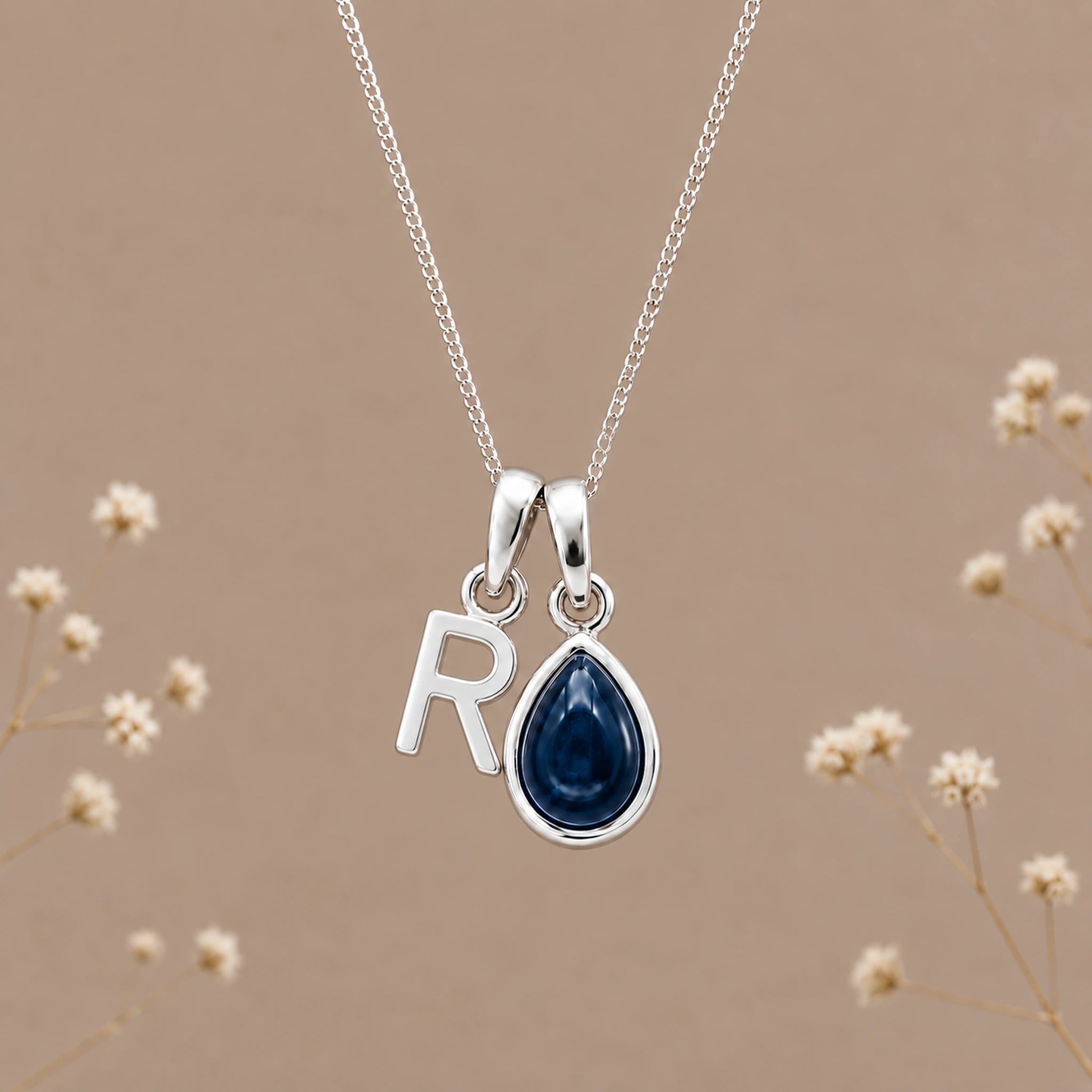 Sterling silver initial R and natural September sapphire necklace