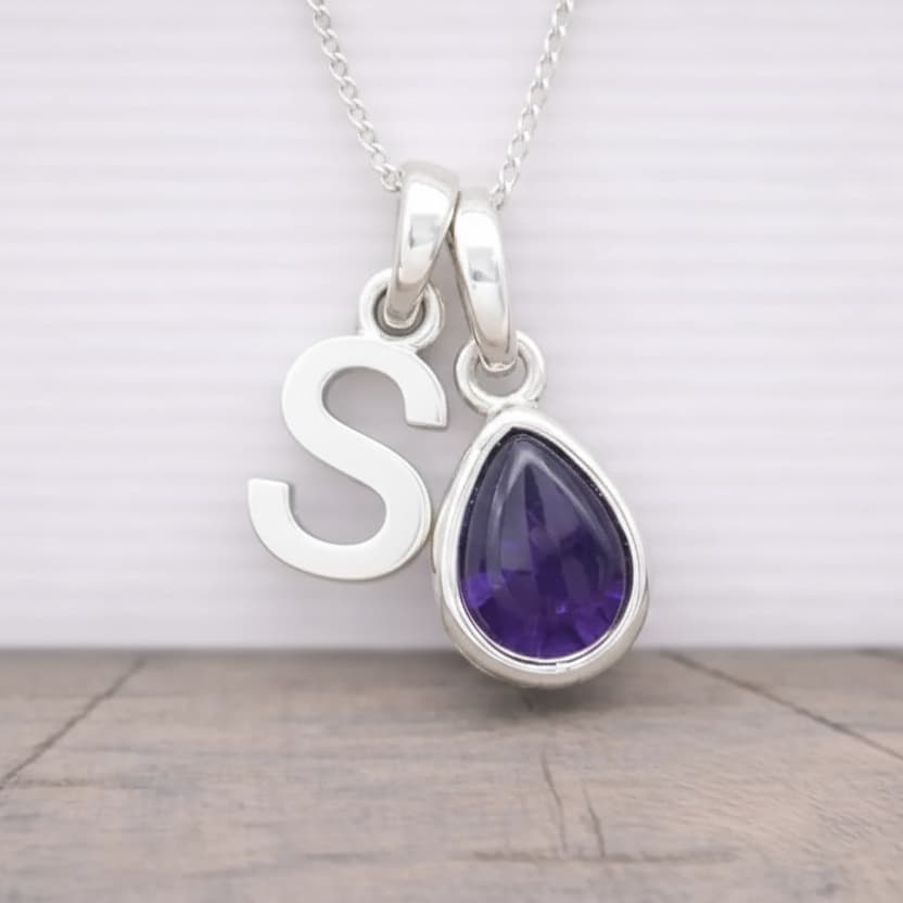 Silver Initial and February Birthstone Amethyst Necklace