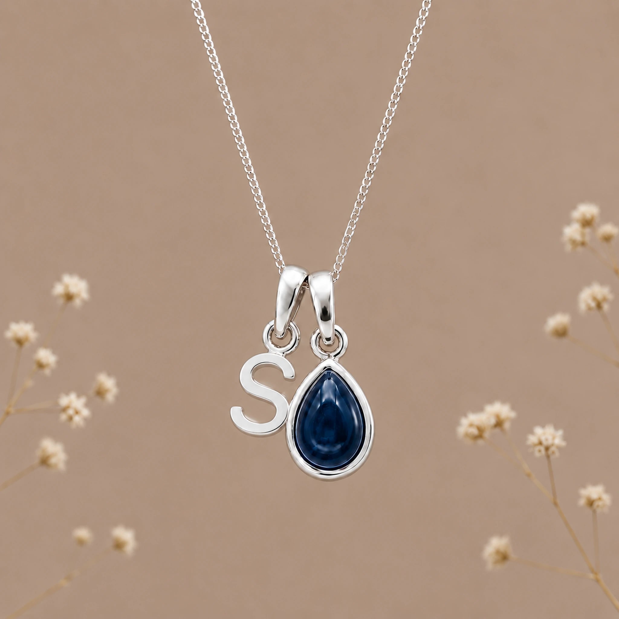 Sterling silver initial S and natural September sapphire necklace