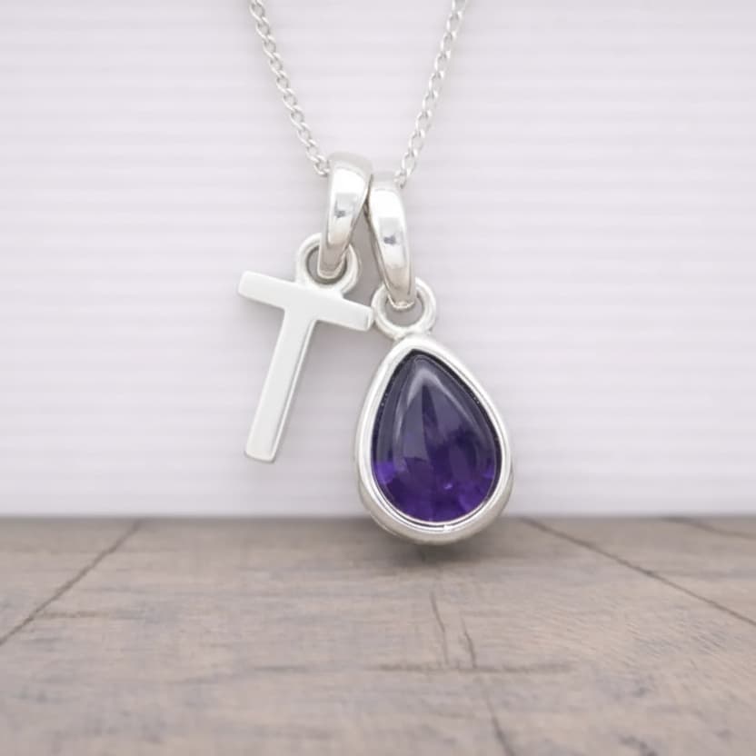 Silver Initial and February Birthstone Amethyst Necklace