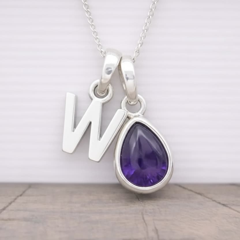 Silver Initial and February Birthstone Amethyst Necklace