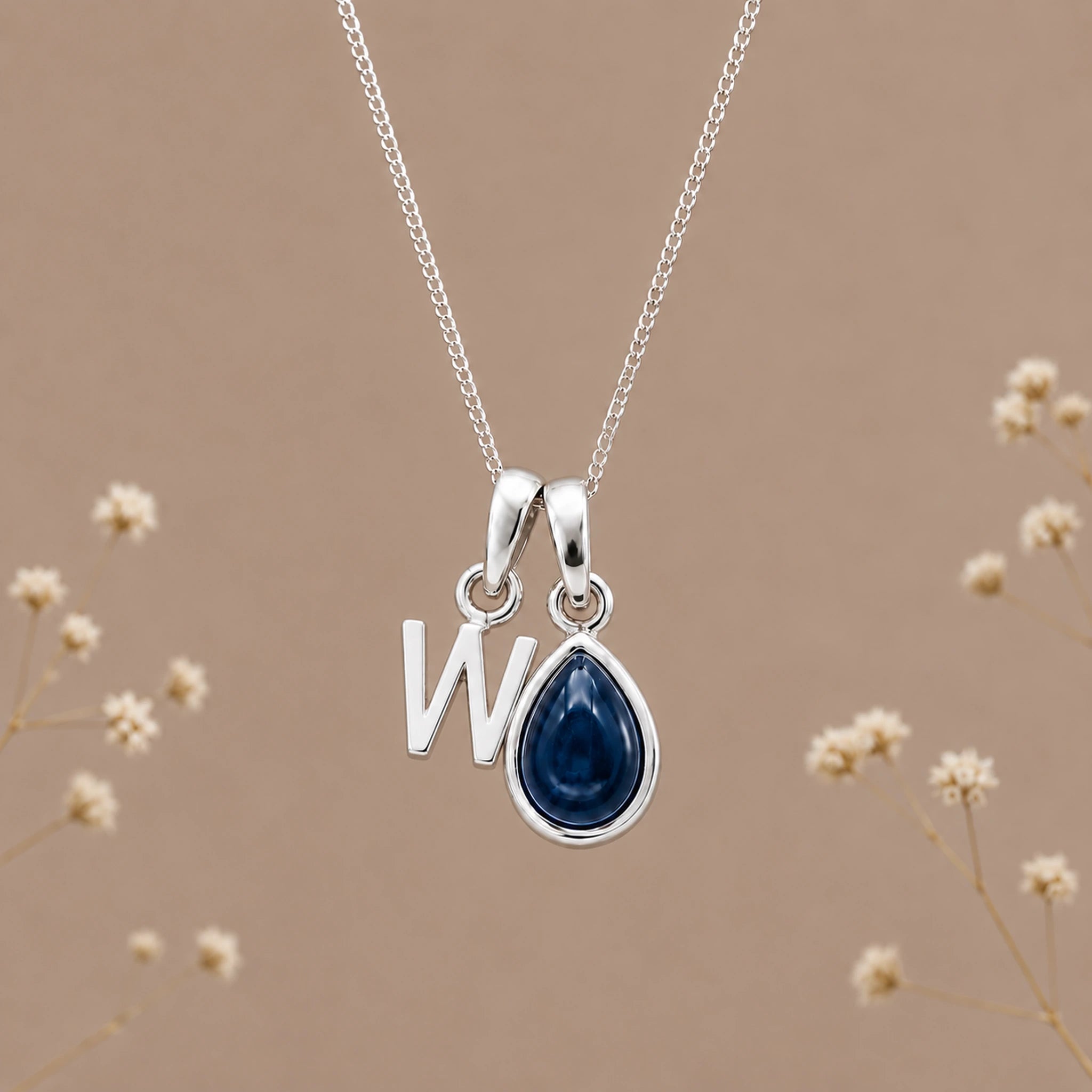 Sterling silver initial W and natural September sapphire necklace