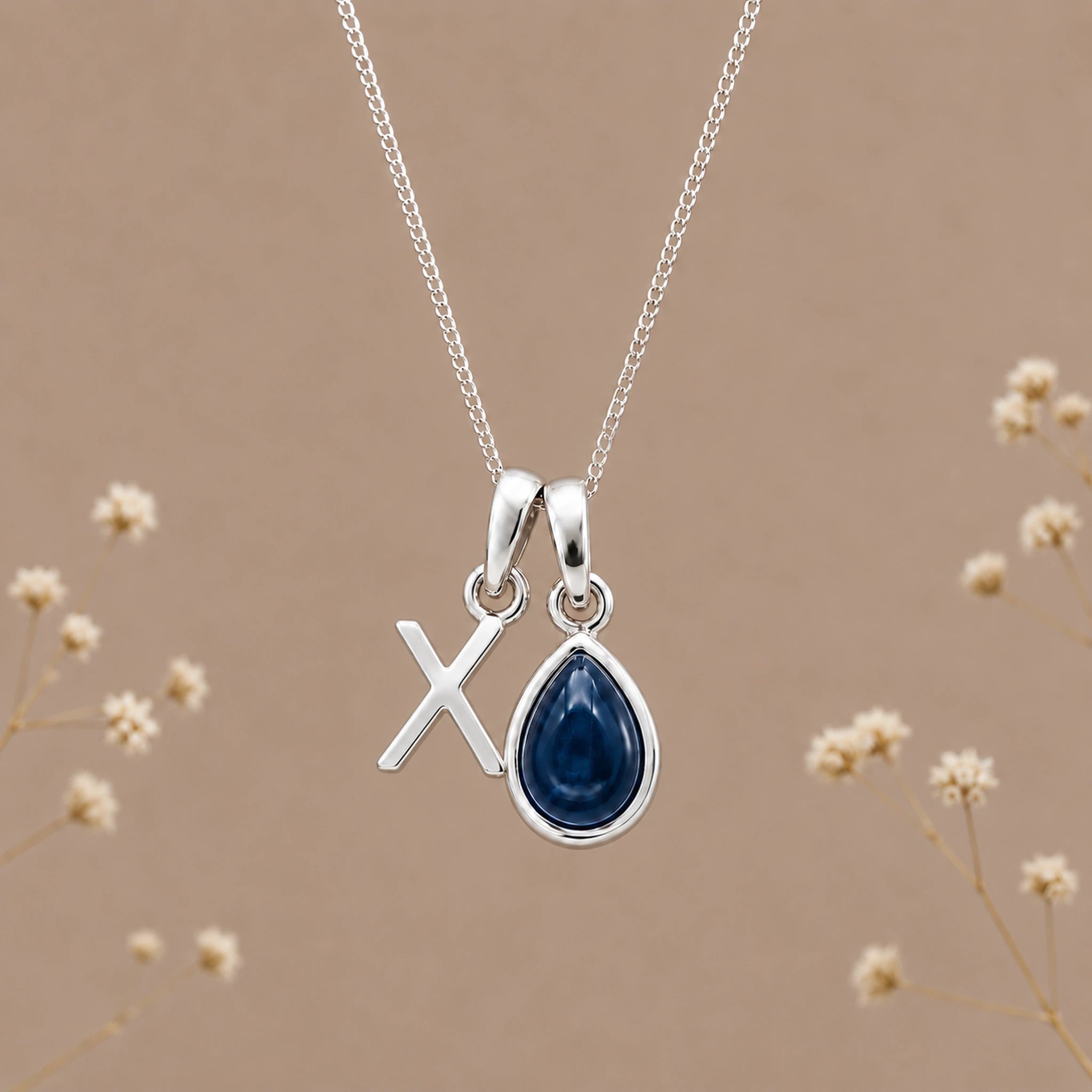Sterling silver initial X and natural September sapphire necklace