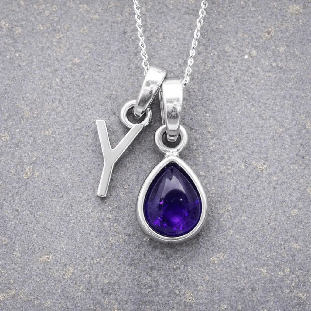 Sterling Silver February birthstone Necklace with a pear-shaped natural Amethyst gemstone pendant and letter 'Y' charm