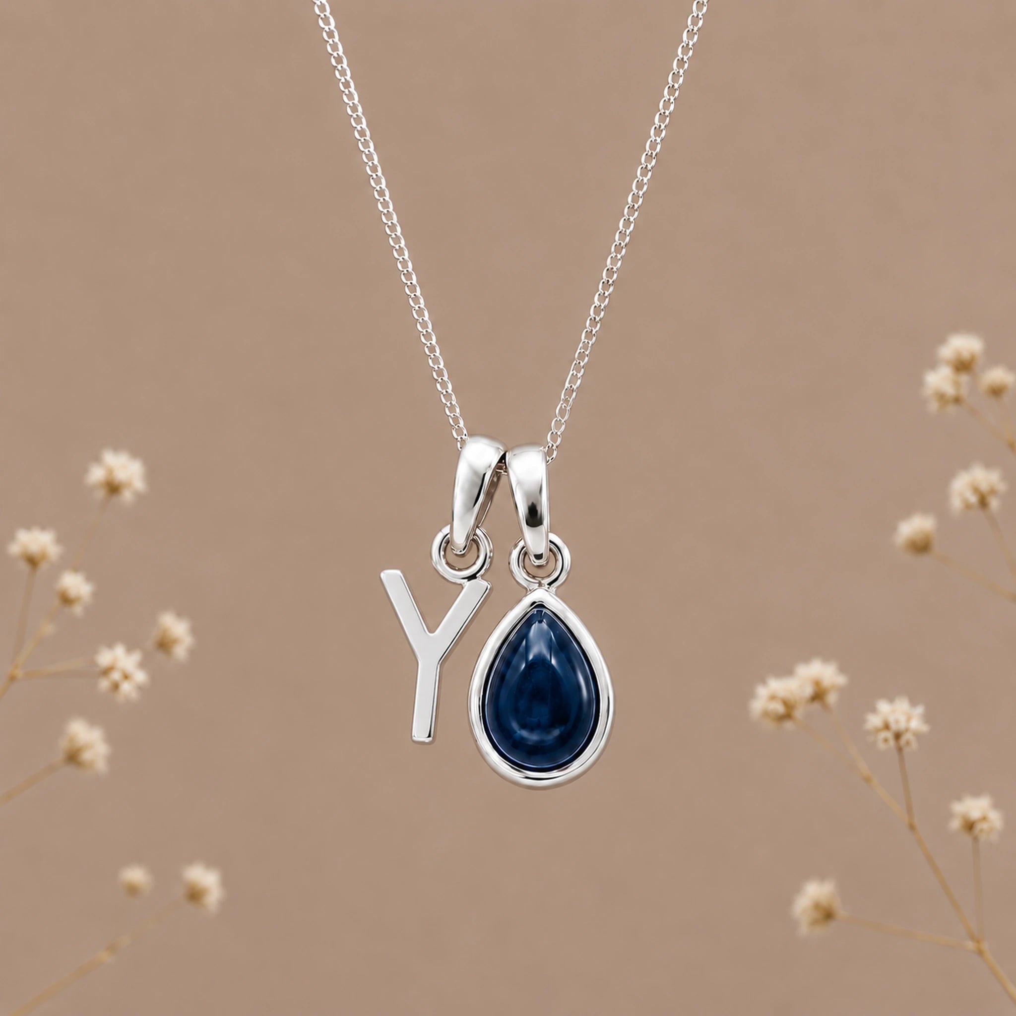 Sterling silver initial Y and natural September sapphire necklace