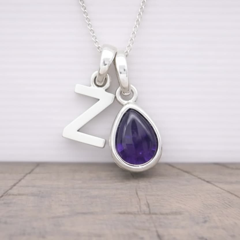 Silver Initial and February Birthstone Amethyst Necklace