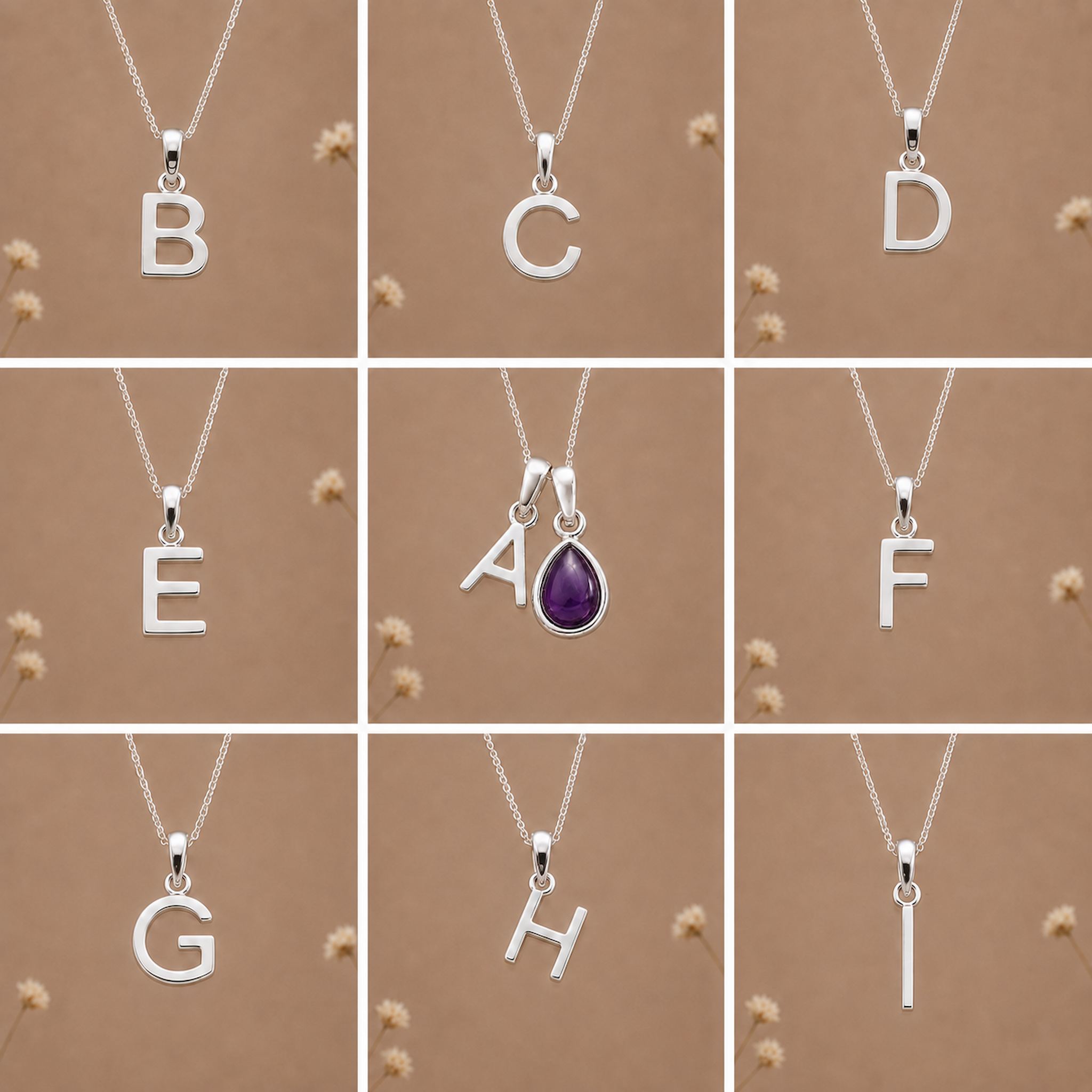 Collection of silver necklaces with initial pendant A to I on a beige background as personalised letter options to add to a February Birthstone Amethyst Necklace.