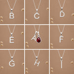 Silver letter pendants a, b, c, d, e, f, g, h, i as initial options for a January Birthstone Natural Garnet Necklace.