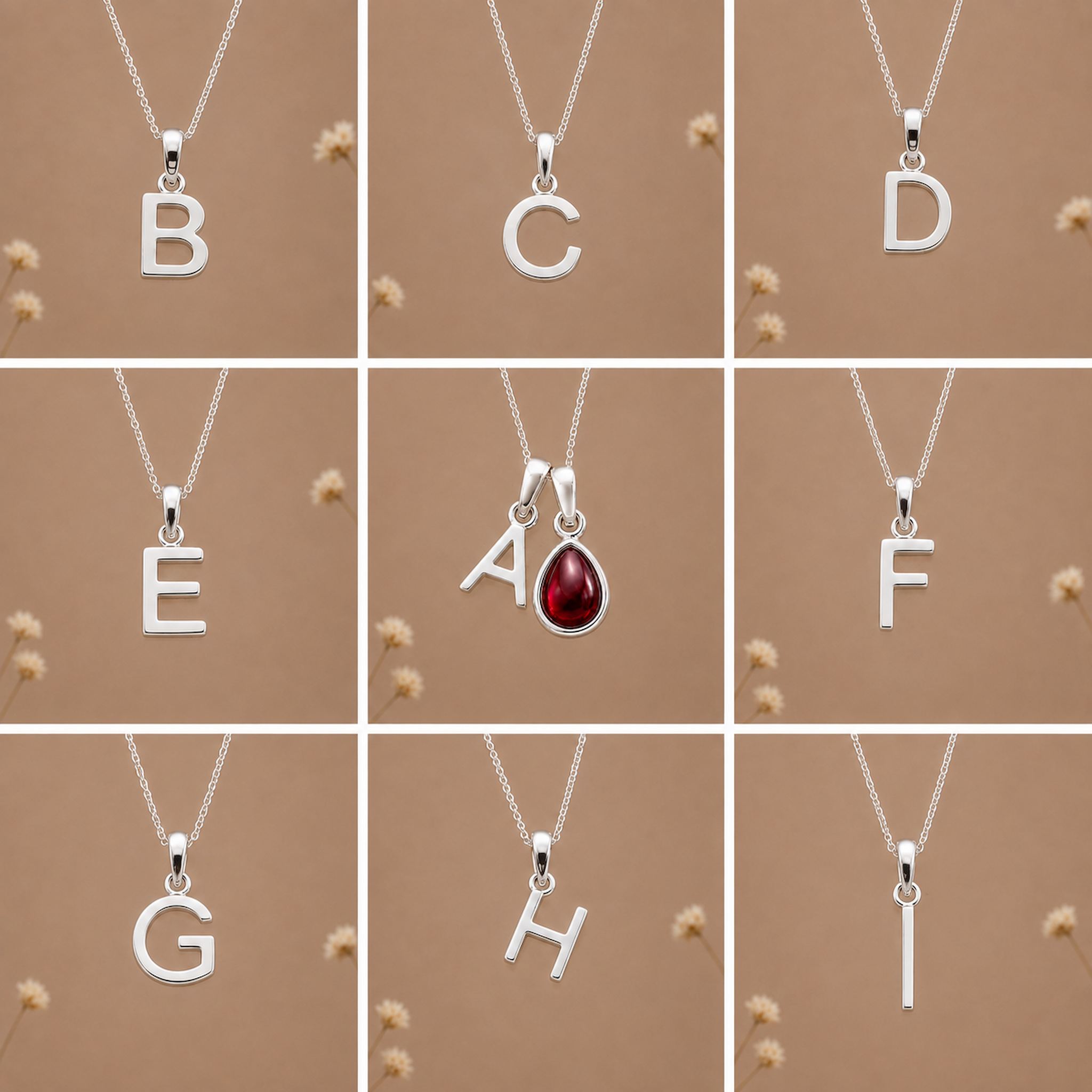 Silver letter pendants a, b, c, d, e, f, g, h, i as initial options for a January Birthstone Natural Garnet Necklace.