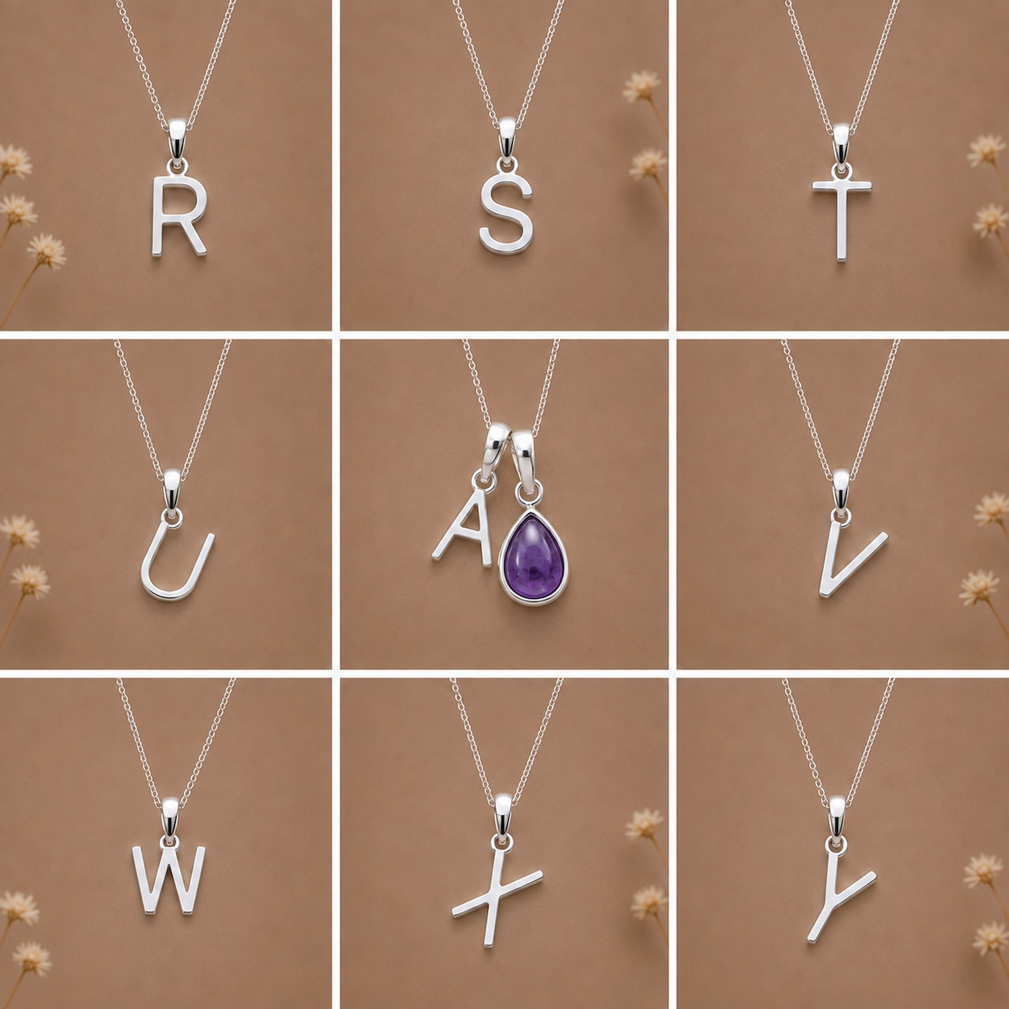 Collection of silver necklaces with initial pendant R to Y on a beige background as personalised letter options to add to a February Birthstone Amethyst Necklace.
