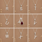 silver letter pendants r, s, t, u, a, v, w, x, y as initial options for a January Birthstone Natural Garnet Necklace.