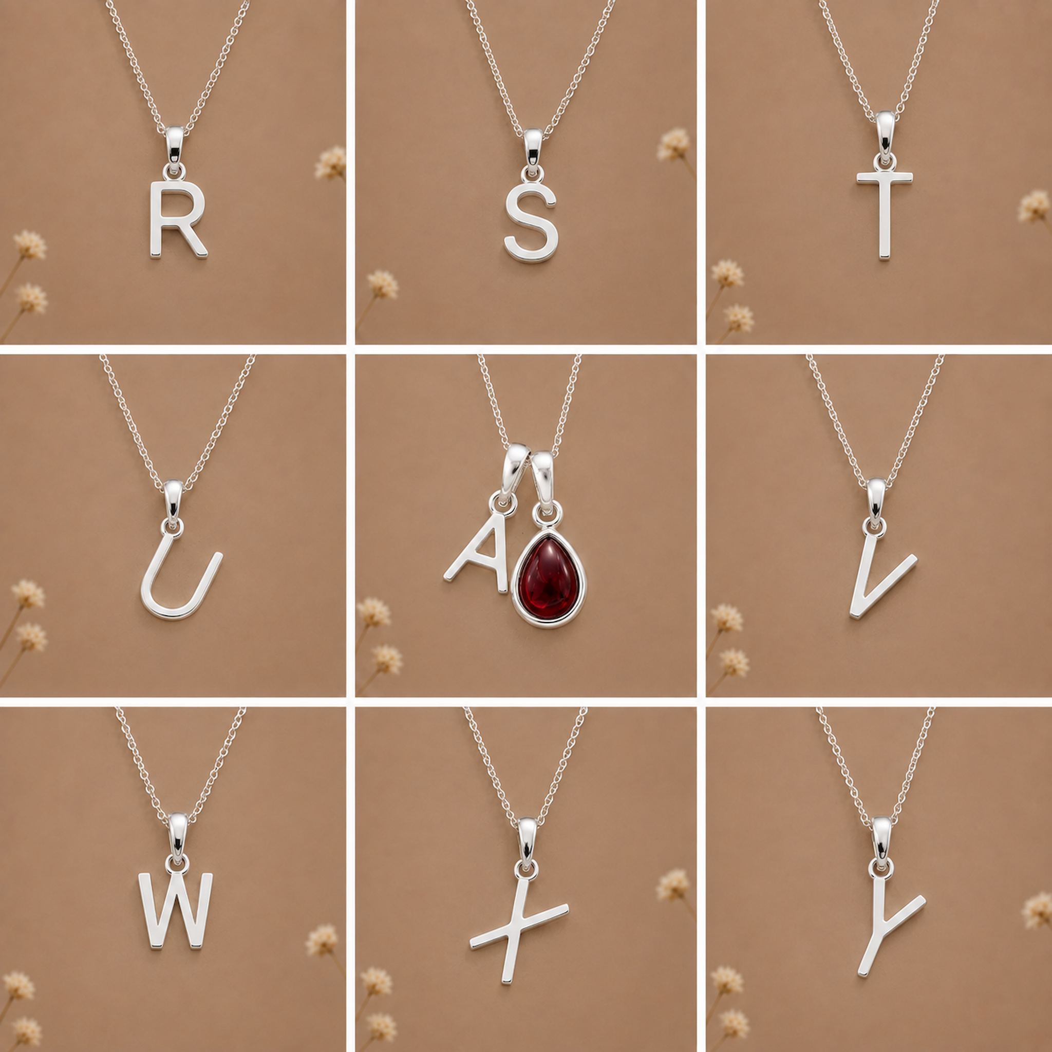 silver letter pendants r, s, t, u, a, v, w, x, y as initial options for a January Birthstone Natural Garnet Necklace.