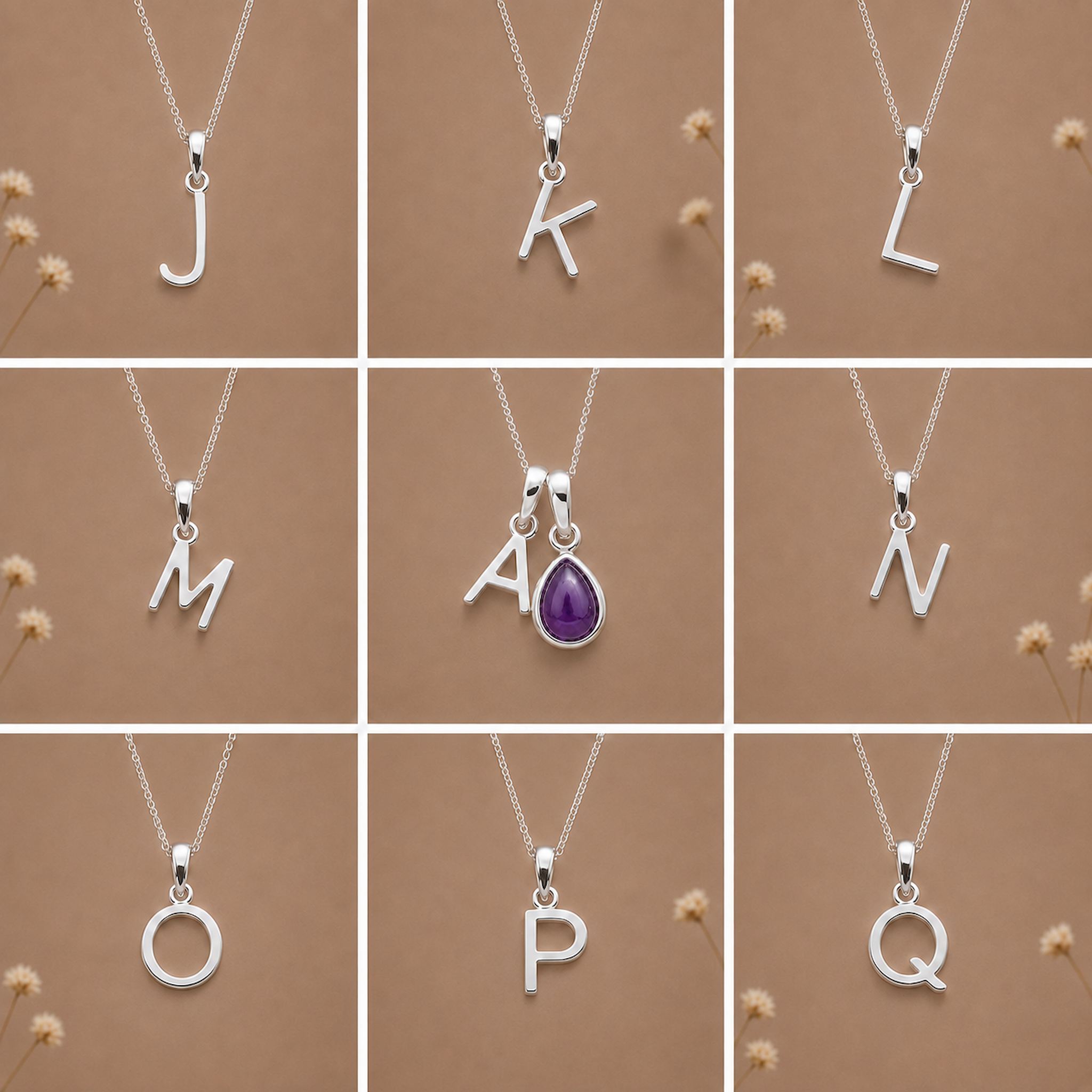 Collection of silver necklaces with initial pendant J to Q on a beige background as personalised letter options to add to a February Birthstone Amethyst Necklace.