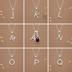 Silver letter pendants a, j, k, l, m, n, o, p, q as initial options for a January Birthstone Natural Garnet Necklace.