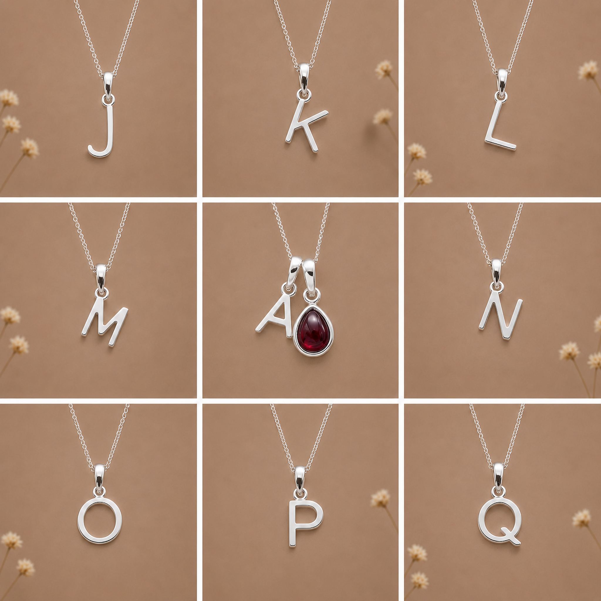 Silver letter pendants a, j, k, l, m, n, o, p, q as initial options for a January Birthstone Natural Garnet Necklace.