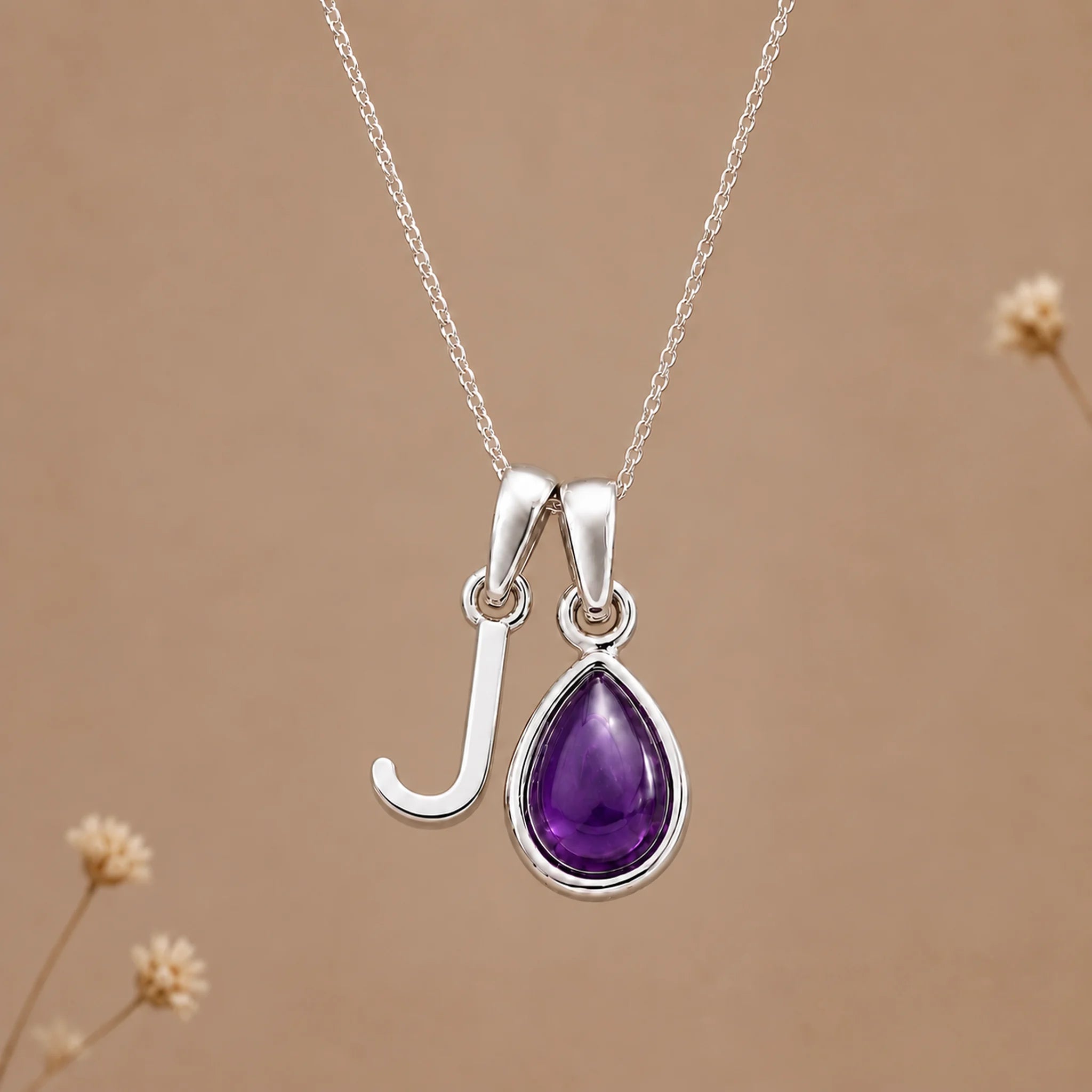 Sterling silver initial J necklace with a February amethyst pendant