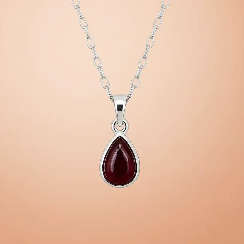 Sterling Silver Necklace with a pear-shaped January birthstone garnet gemstone pendant