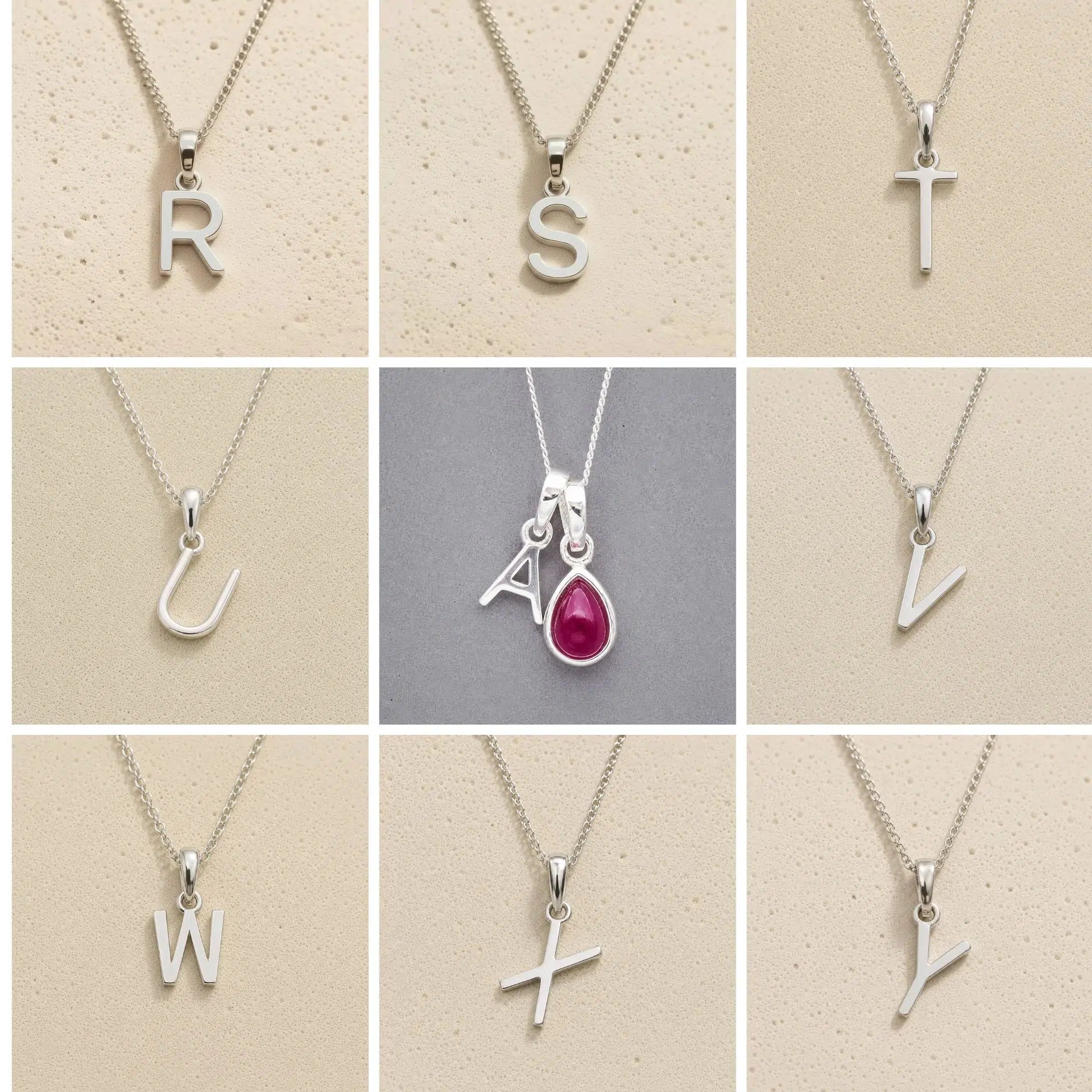 Collection of silver letter pendants R to Y on beige and grey backgrounds as personalised initial pendant options for July Birthstone Ruby Necklace.