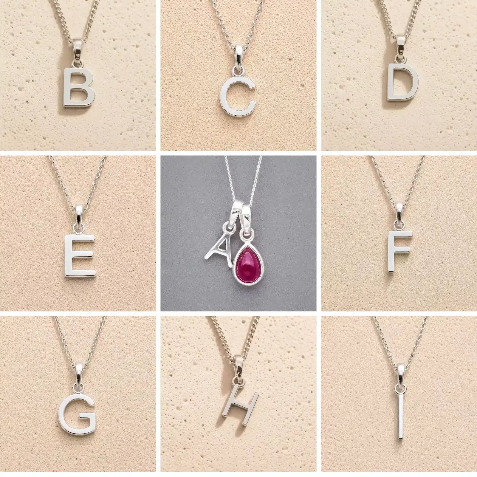 Collection of silver letter pendants A to I on beige and grey backgrounds as personalised initial pendant options for July Birthstone Ruby Necklace.