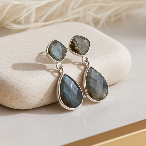 Silver earrings with Labradorite stones on a stone surface with dried plants in the background