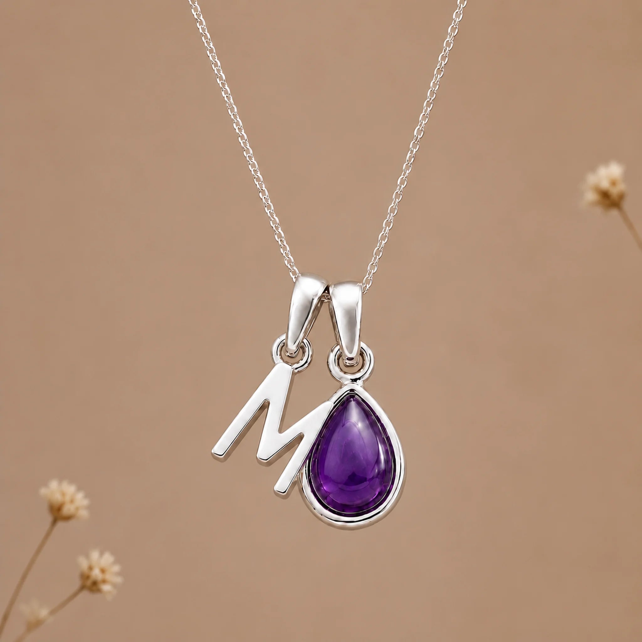 Sterling silver initial M necklace with a February amethyst pendant