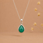 sterling silver may birthstone natural emerald necklace - dainty tear drop cabochon bezel set green emerald