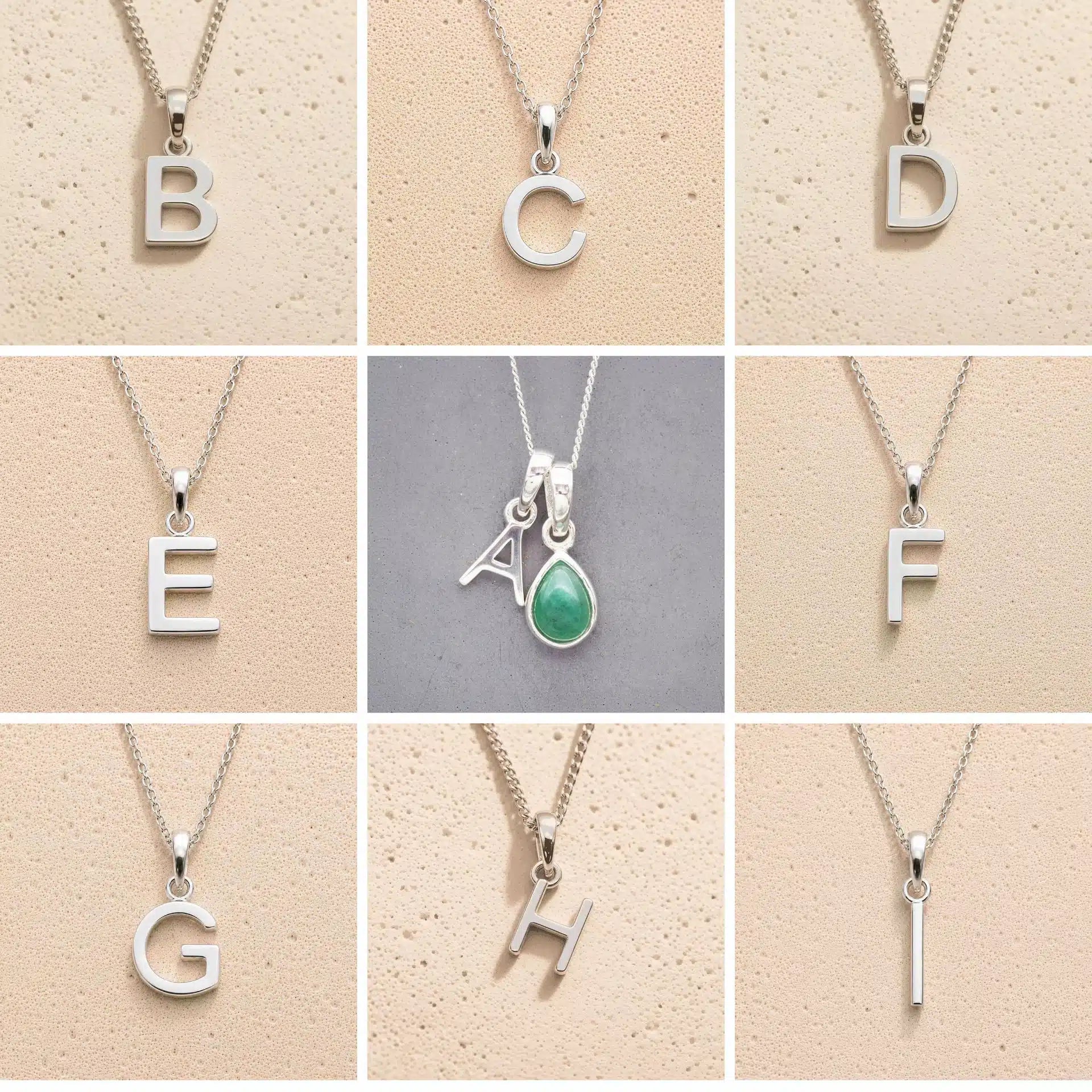 Collage of silver necklaces with letters A to H on a beige background, as personalised initial pendant options to add to a May Birthstone Emerald Necklace.