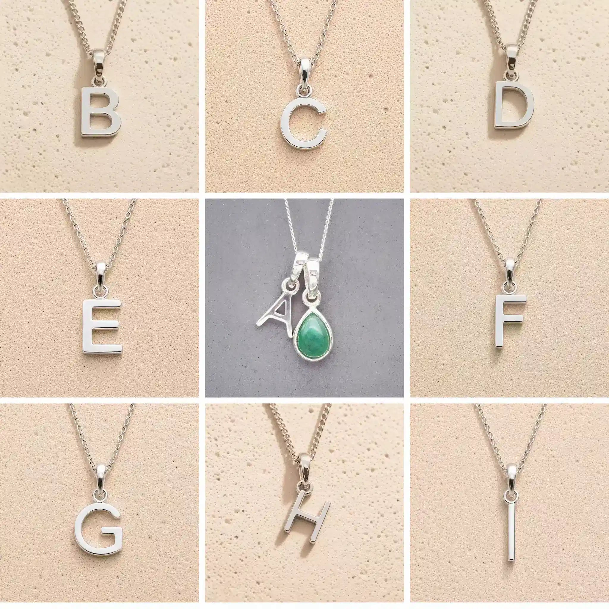 Collage of silver necklaces with letters A to H on a beige background, as personalised initial pendant options to add to a May Birthstone Emerald Necklace.