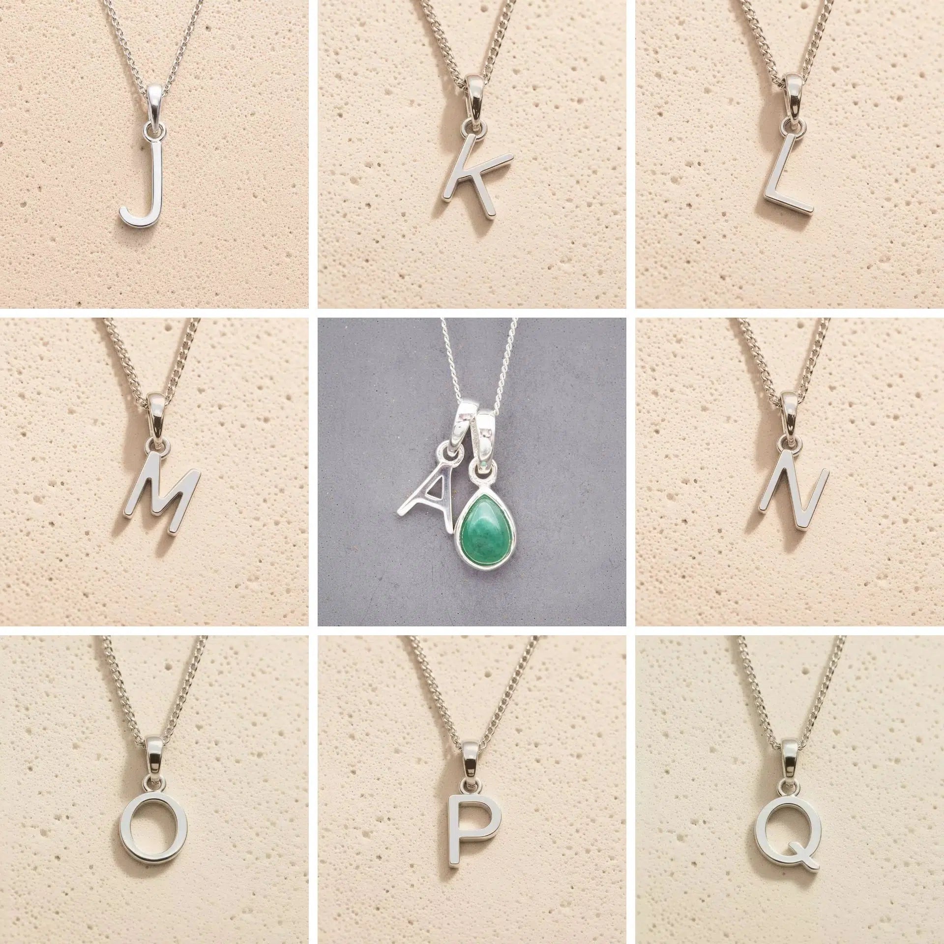 Collage of silver necklaces with letters J to Q on a beige background, as personalised initial pendant options to add to a May Birthstone Emerald Necklace.