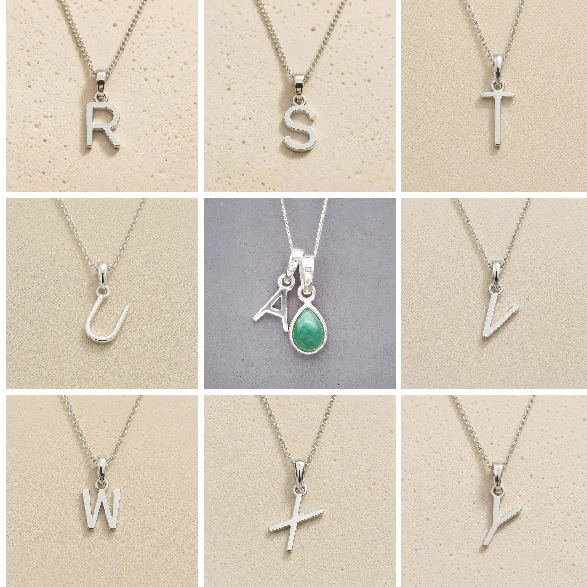 Collage of silver necklaces with letters R to Y on a beige background, as personalised initial pendant options to add to a May Birthstone Emerald Necklace.
