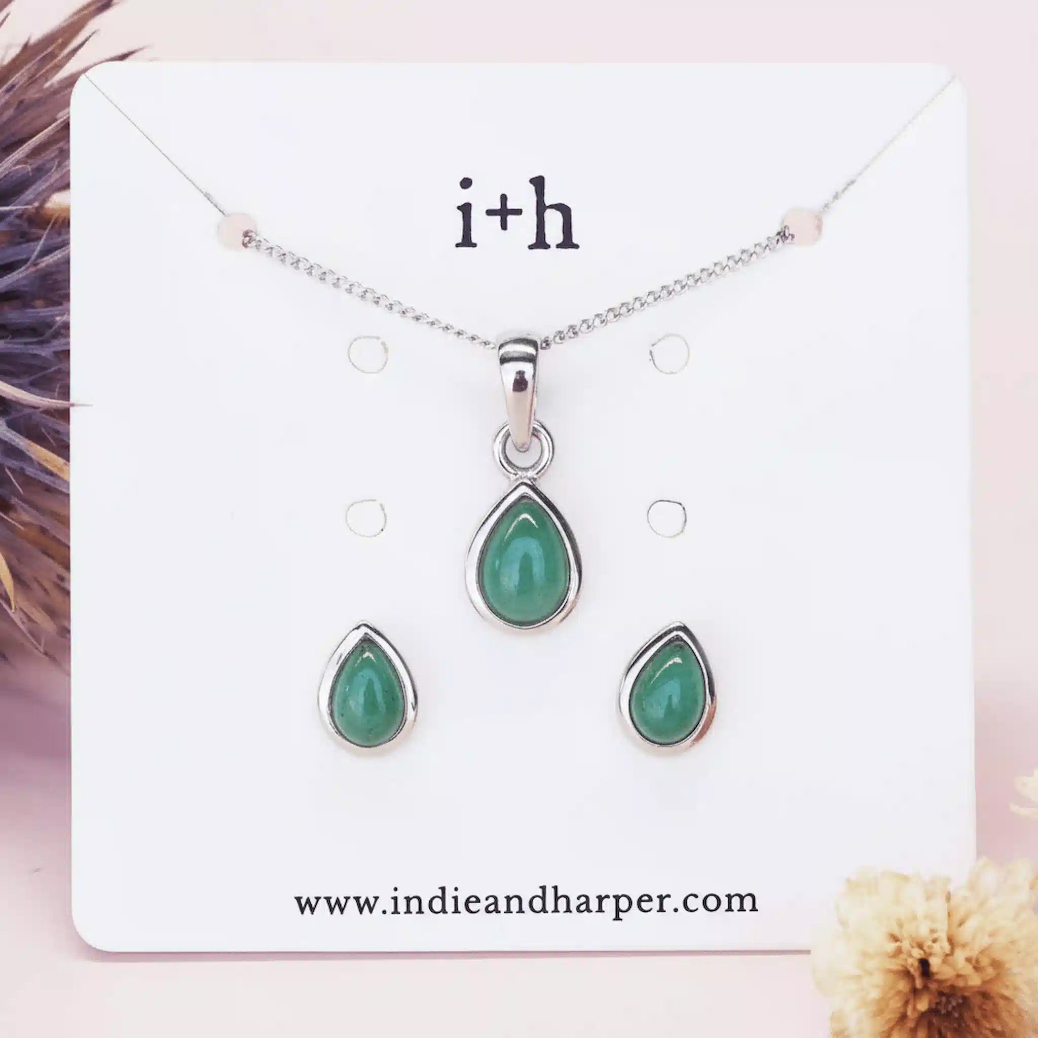 Sterling Silver may birthstone jewellery gift set with natural emerald gemstone stud earrings and necklace 